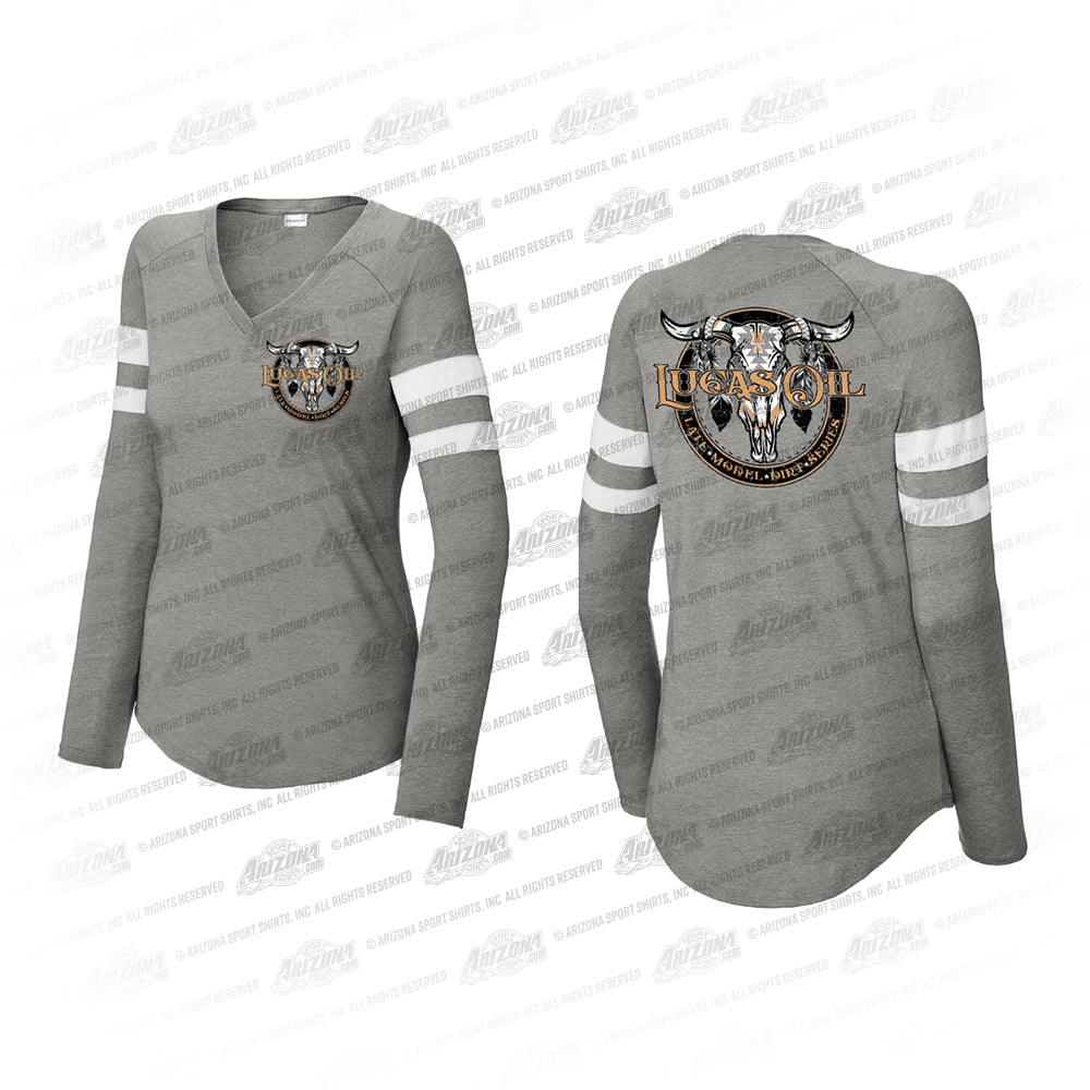 Lucas Cow Skull Ladies V-Neck Long Sleeve